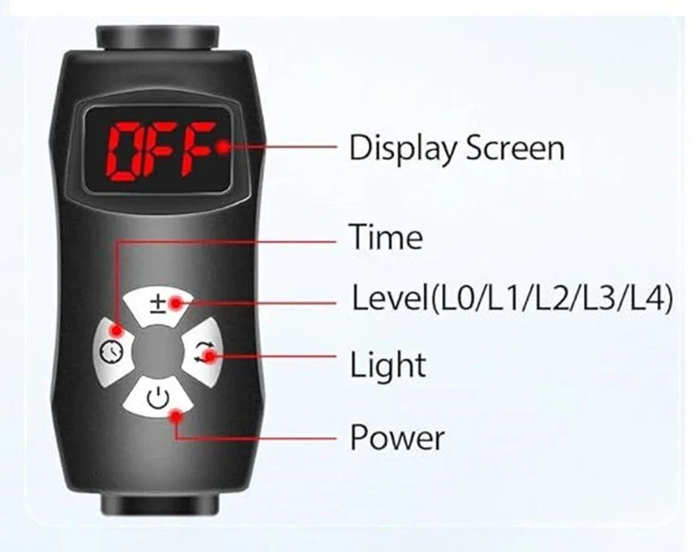 Black digital device remote with display screen, labeled buttons for time, levels, light, and power.