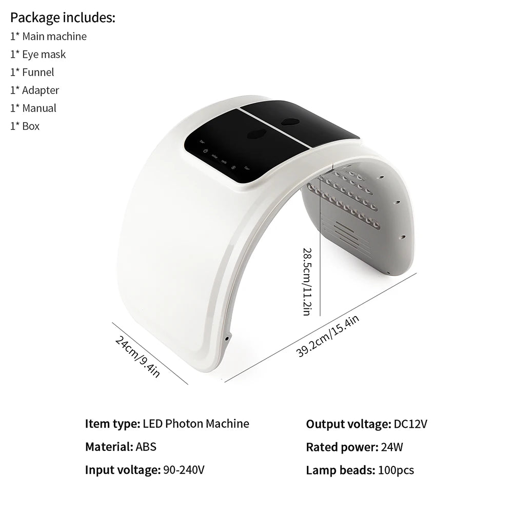 LED photon therapy machine with dimensions, control panel, and light beads for skincare.