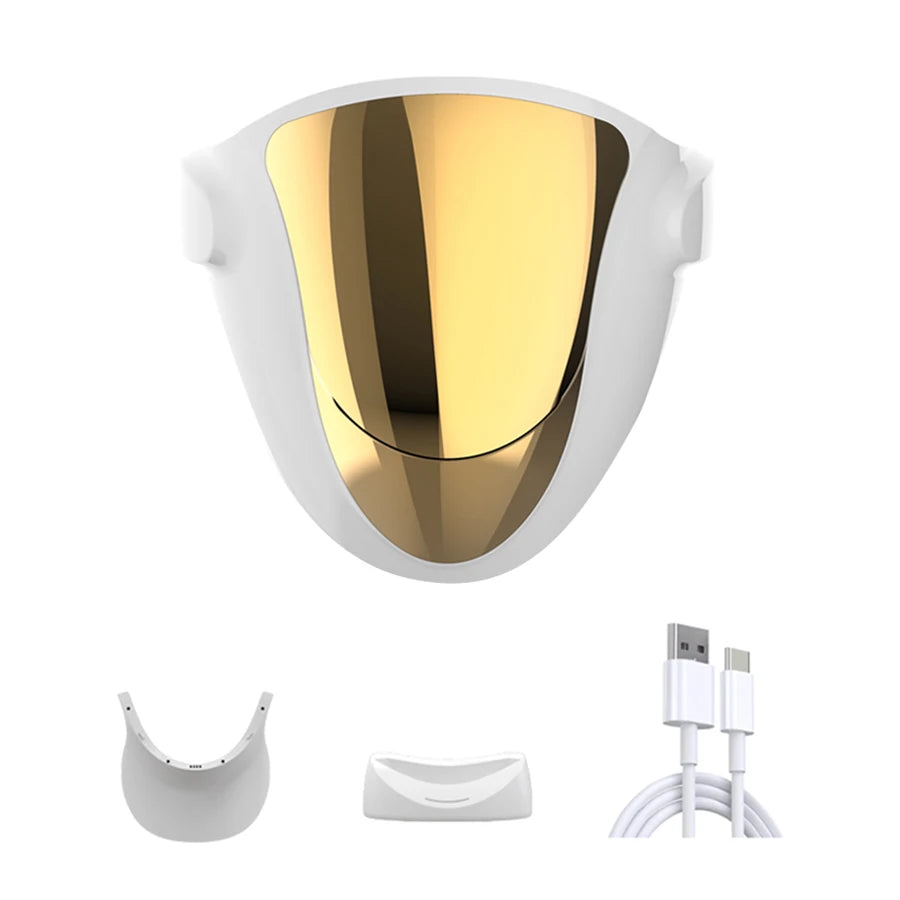 Gold LED light therapy face mask with charging cable and accessories on white background