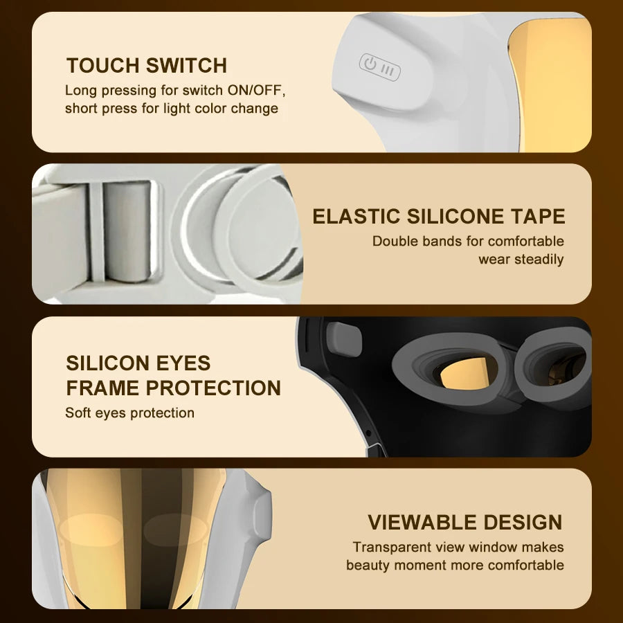 LED face mask features touch switch, elastic silicone strap, eye protection, and viewable design.