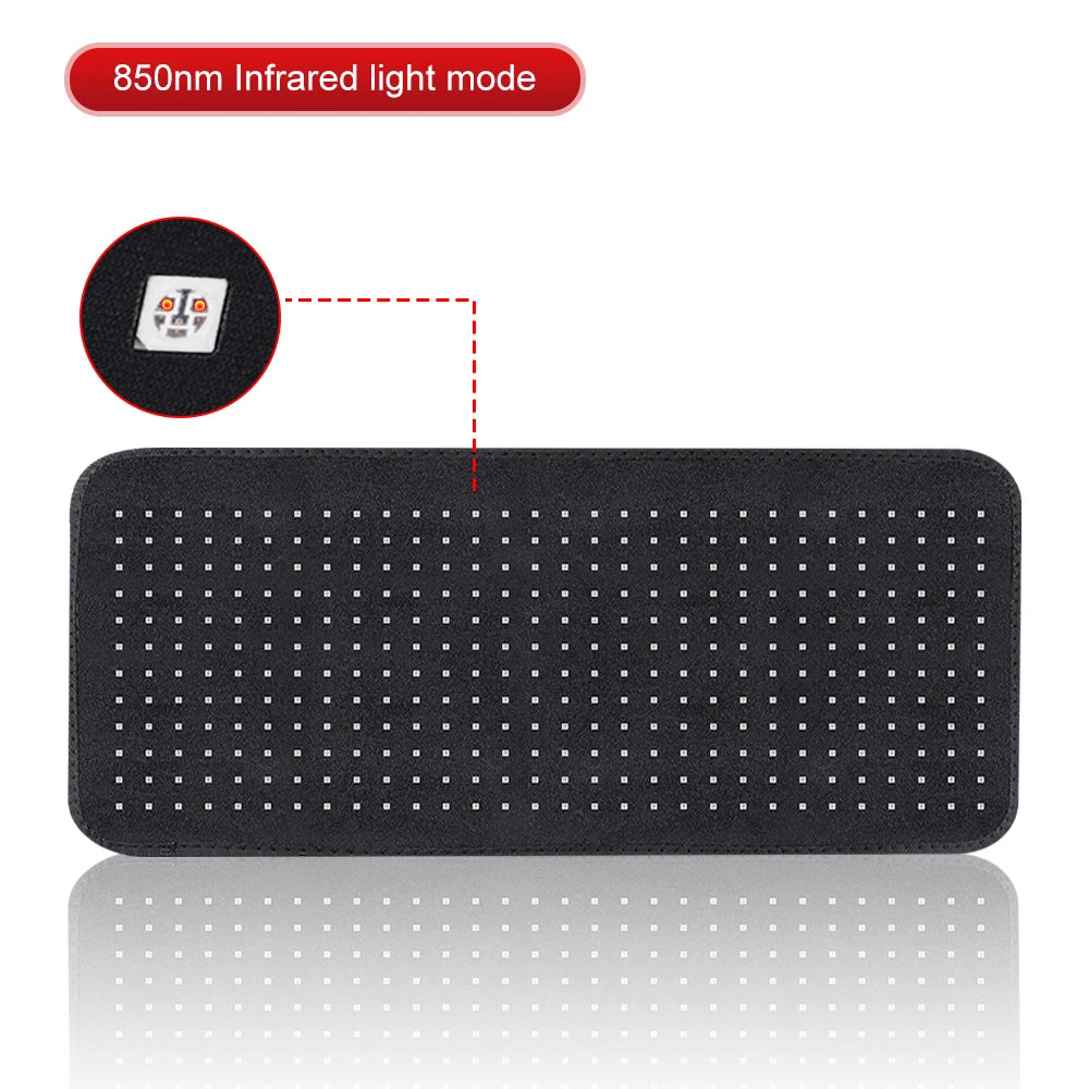 Rectangular infrared light therapy pad with 850nm LED mode and closeup of LED chip