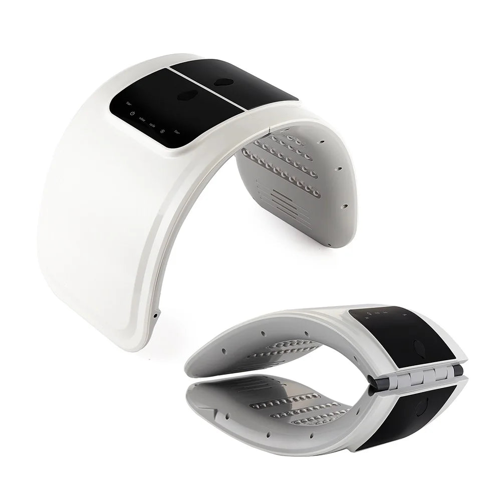 White and black electronic neck massager with curved ergonomic design and control panel