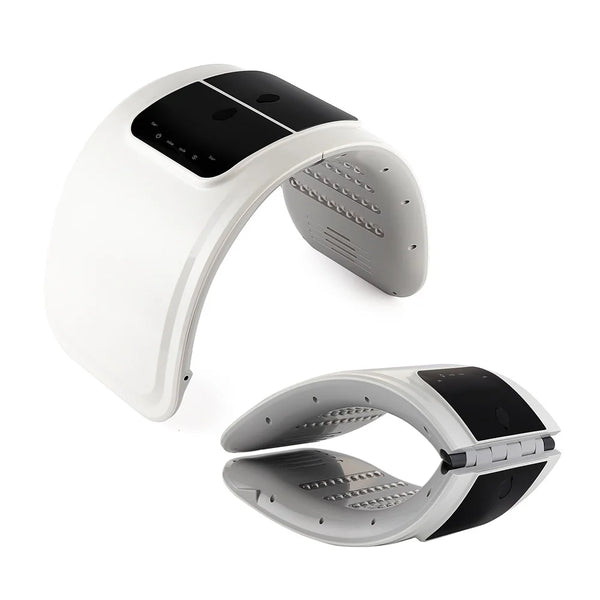 White and black electronic neck massager with curved ergonomic design and control panel