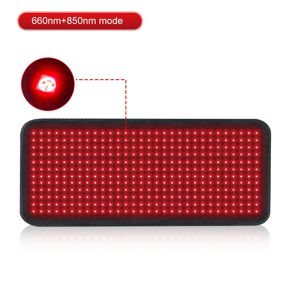 Rectangular red light therapy panel with 660nm and 850nm LED mode illuminated.