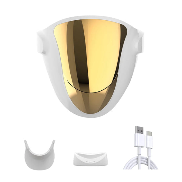 Gold LED light therapy face mask with charging cable and accessories on white background