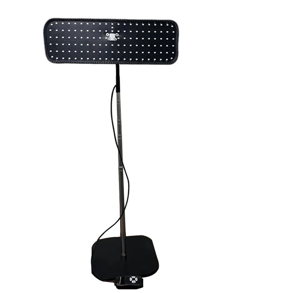 Adjustable LED light therapy panel on a stand with power cord and control pad